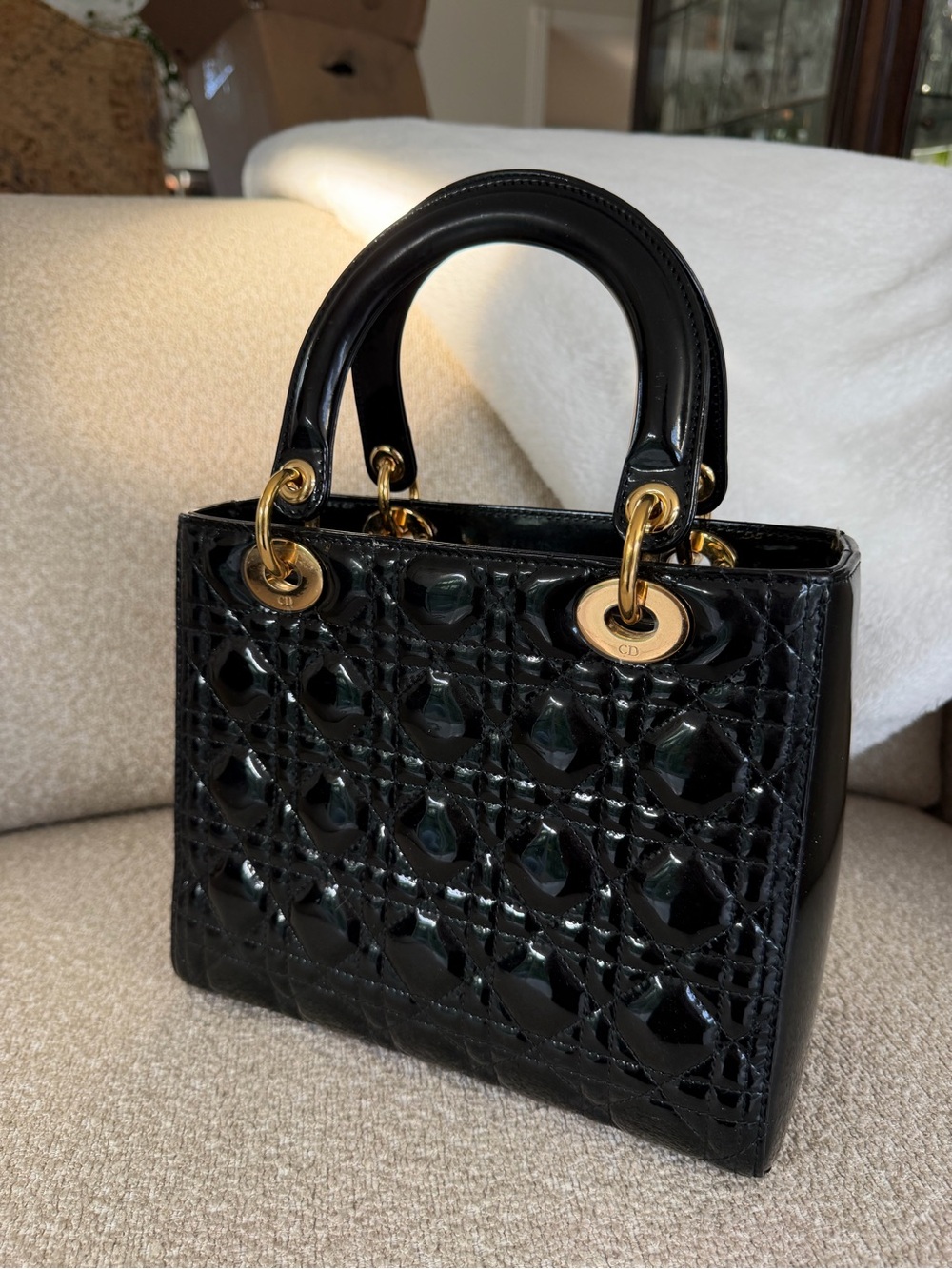 Dior Lady Dior Medium Black Patent Cannage Gold Hardware with Strap - Picture 4 of 13
